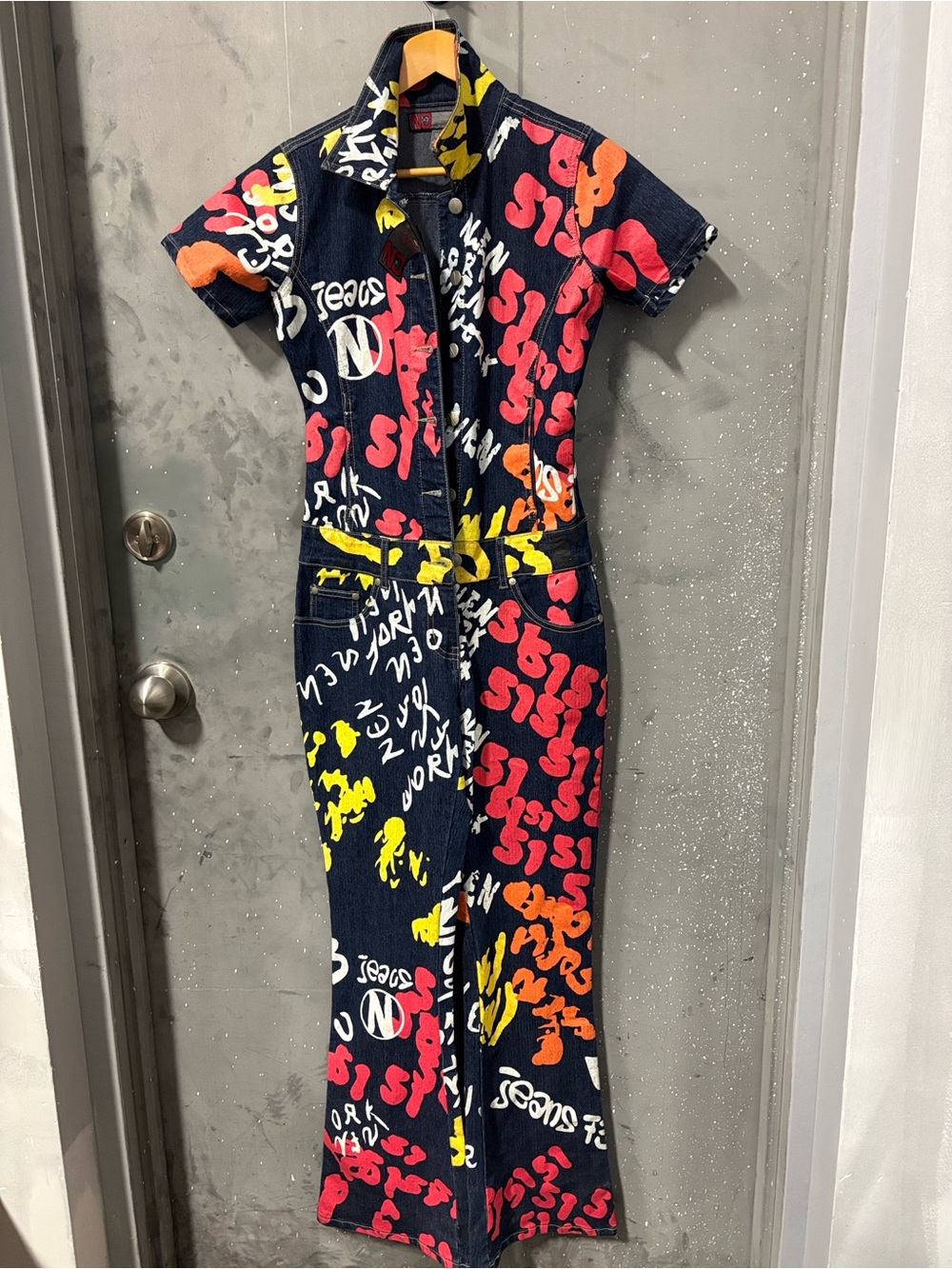 Vintage Y2K Graphic Print Denim Jumpsuit in Navy with Red & Yellow Accents